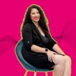Speaker Heidy De La Cruz in a black suit sitting in a teal chair outlined in lime green against a hot pink background with an abstract soundwave in black