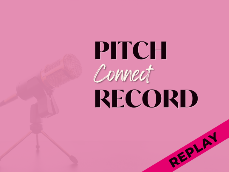 A light pink wash over a background image of a microphone on a short desk stand. Three bold words read Pitch Connect Recrod. The word REPLAY appears in the bottom right corner in a black on a bright red ribbon.