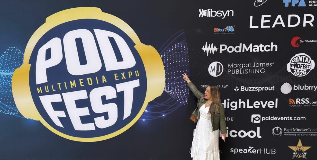 Nina Rodriguez, host of the award-winning podcast, @griefandlight at Podfest 2026 in Orlando, FL