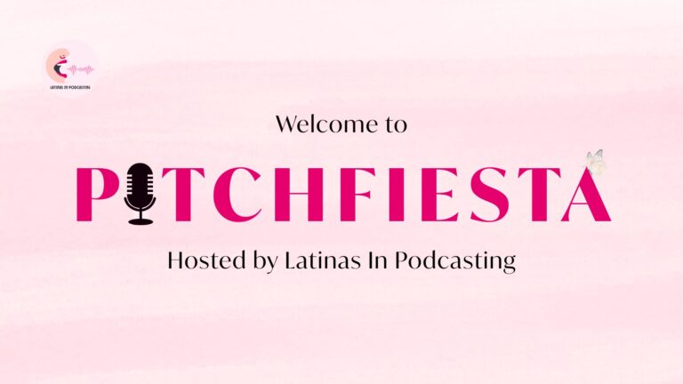 A watercolor pink background with the words PITCHFIESTA January 21, 2026 written over it. The I in Pitchfiesta is replaced with a black stylized vintage microphone that's ubiquitous in podcasting