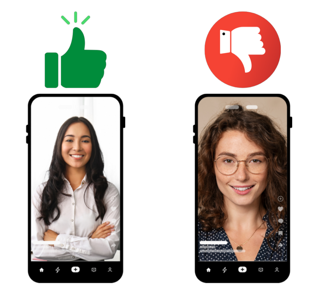 Two mobile phones each featuring a woman. The one where the person has more negative space around her has a green thumbs up, while the one where the person's face crowds the screen has a red thumbs down.
