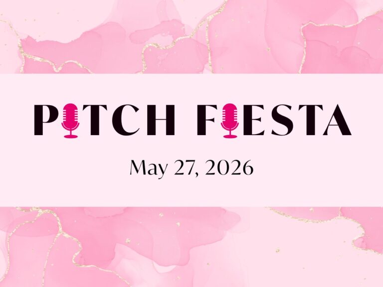 A watercolor pink background with a pink rectangle superimposed with the the words PITCH FIESTA May 27, 2026 written over it in black art deco text. The I letters in Pitch and Fiesta are replaced with a hot pink stylized vintage microphone that's ubiquitous in podcasting