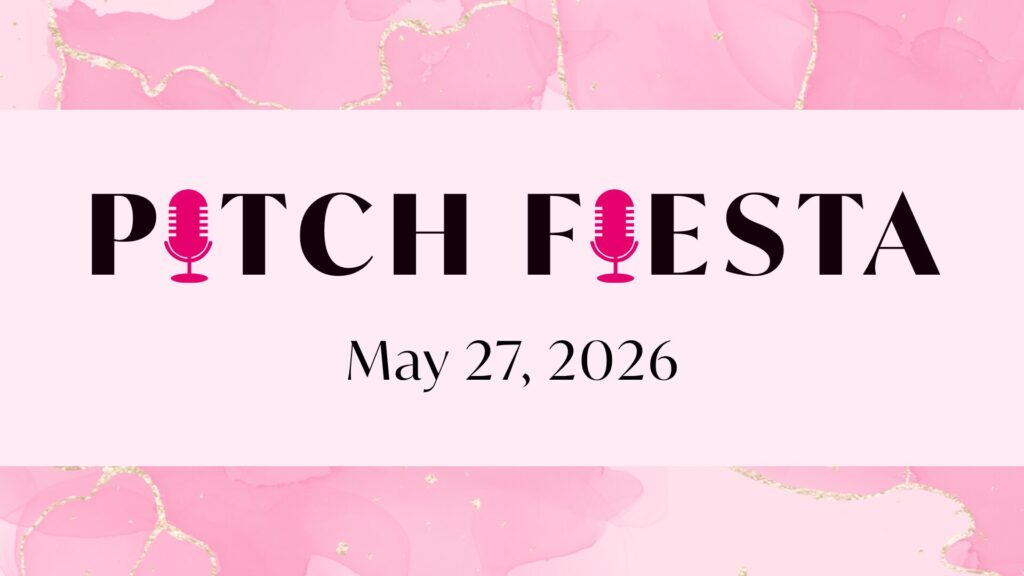 A watercolor pink background with a pink rectangle superimposed with the the words PITCH FIESTA May 27, 2026 written over it in black art deco text. The I letters in Pitch and Fiesta are replaced with a hot pink stylized vintage microphone that's ubiquitous in podcasting