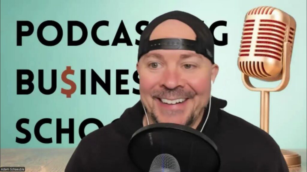 Adam Schaeuble in a backwards black baseball cap and black hoodie smiling against an image of a vintage gold mic and the words Podcast Business School
