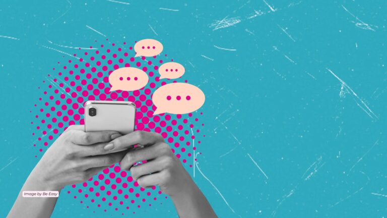 Black and white photo of two hands holding a mobile phone against a grungy turquoise background punctuated with hot pink halftone dots and ascending peach speech bubbles each holding a set of ellipses, indicating someone is typing. Image by Be Easy on Canva