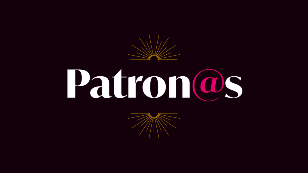 Patron@s wordmark in white serif type on a deep black background, with the @ symbol in hot pink and gold sunburst designs above and below the text