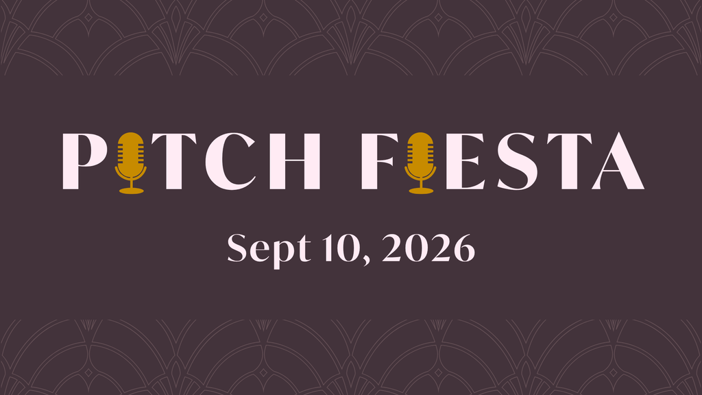 A dark background with a faint art deco pattern interrupted by a dark rectangle superimposed with the the words PITCH FIESTA Sept 10, 2026 written over it in light pink art deco text. The I letters in Pitch and Fiesta are replaced with a gold stylized vintage microphone that's ubiquitous in podcasting