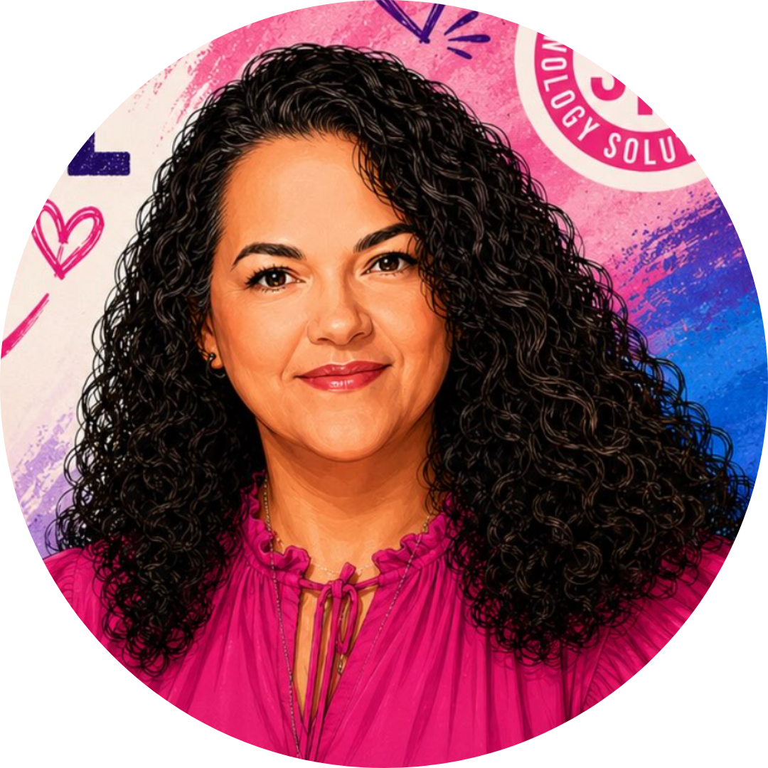 AI-generated photo of Kat Lopez Shelby with against a hand drawn background wearing a bright hot pink top